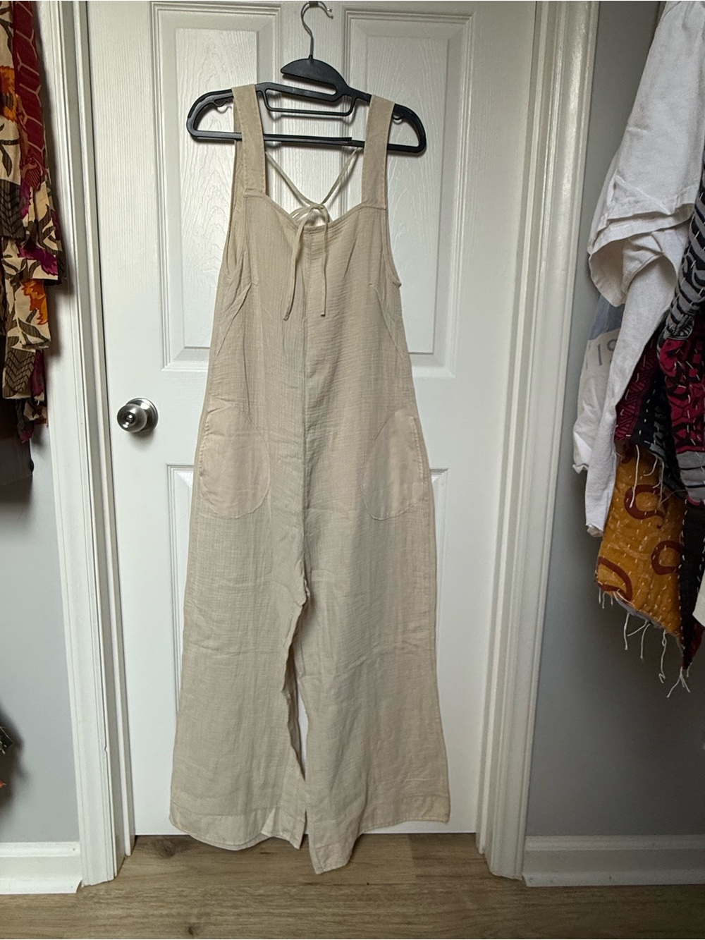 NWOT Zenana Outfitters Beige Gauze Tie-Back Wide-Leg Jumpsuit - Picture 2 of 6